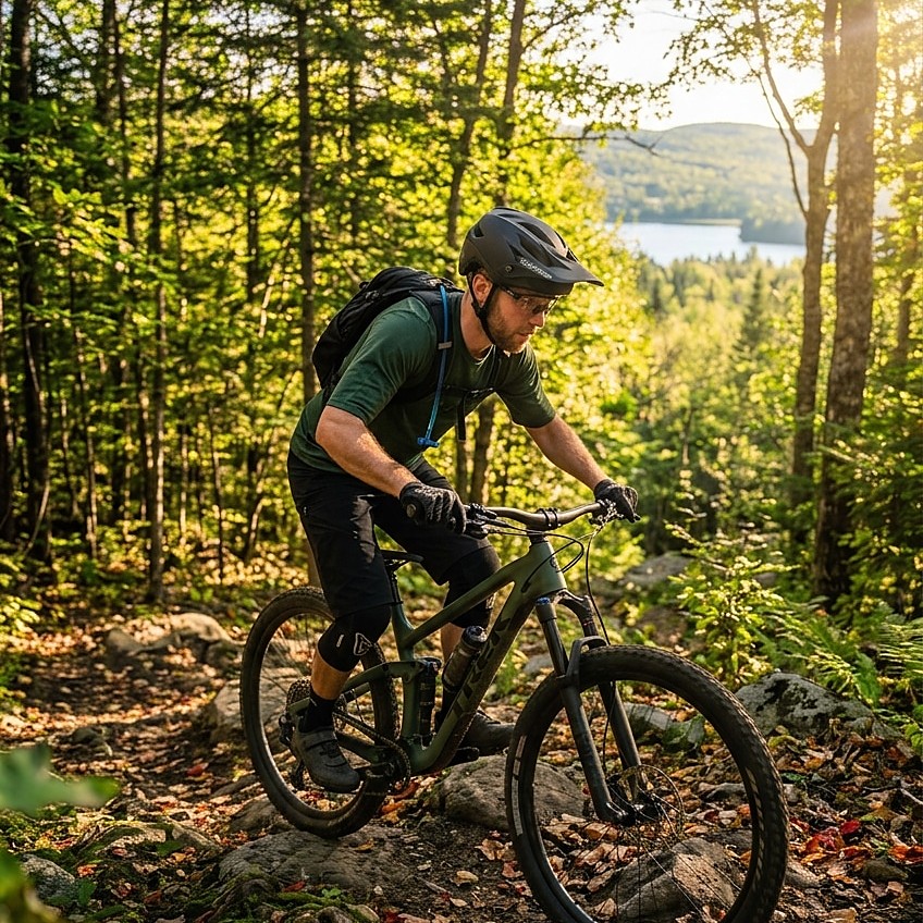 velo-de-montagne-sentier Cycliste en vélo de montagne dans un sentier en forêt, près du Lac-Beauport